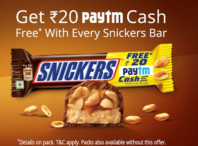 India Desire : Paytm Snickers Offer : Free Rs 20 Paytm Cash On Snicker Bar Worth Rs 40